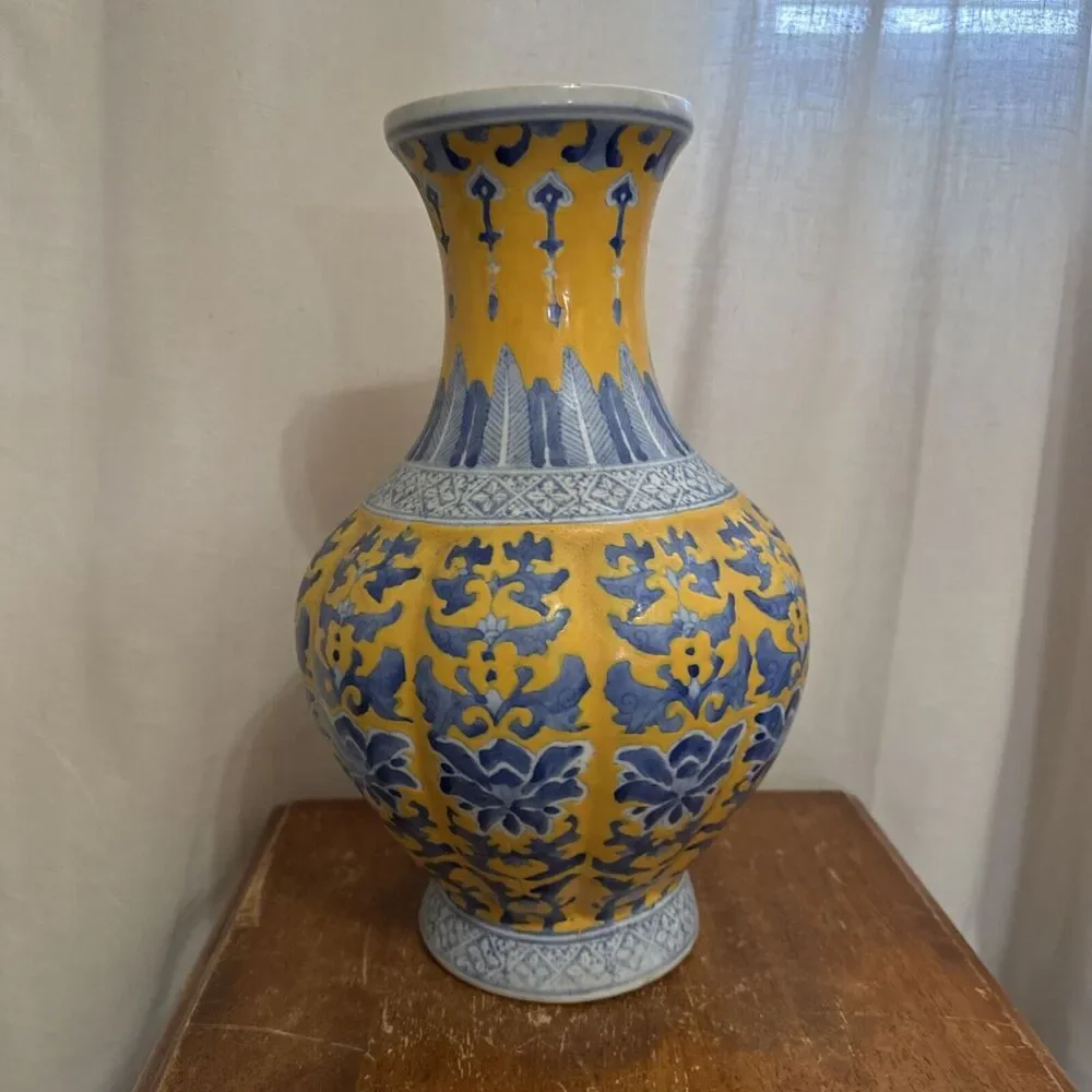 14” Qianlong Style Blue White Yellow Glaze‎ Porcelain Flower Zun Bottle Vase VTG